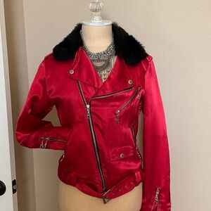 Chic Red Satin Bomber Jacket with Black Fur Collar